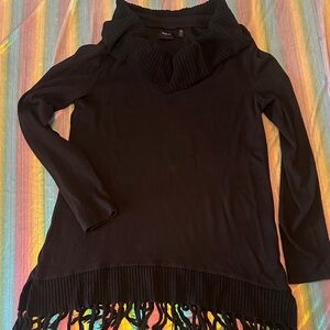 Black Cowl Neck Sweater with Fringe Detail